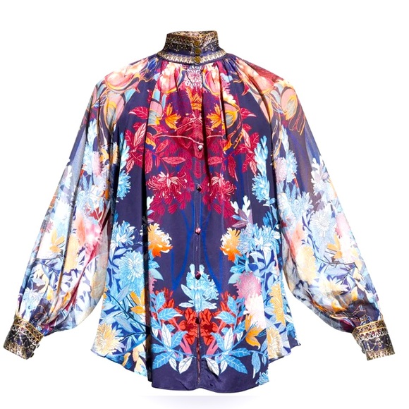 Camilla Raglan Blue Silk Shirt Nouveau Nights Embellished Beaded Size Large - Picture 4 of 8